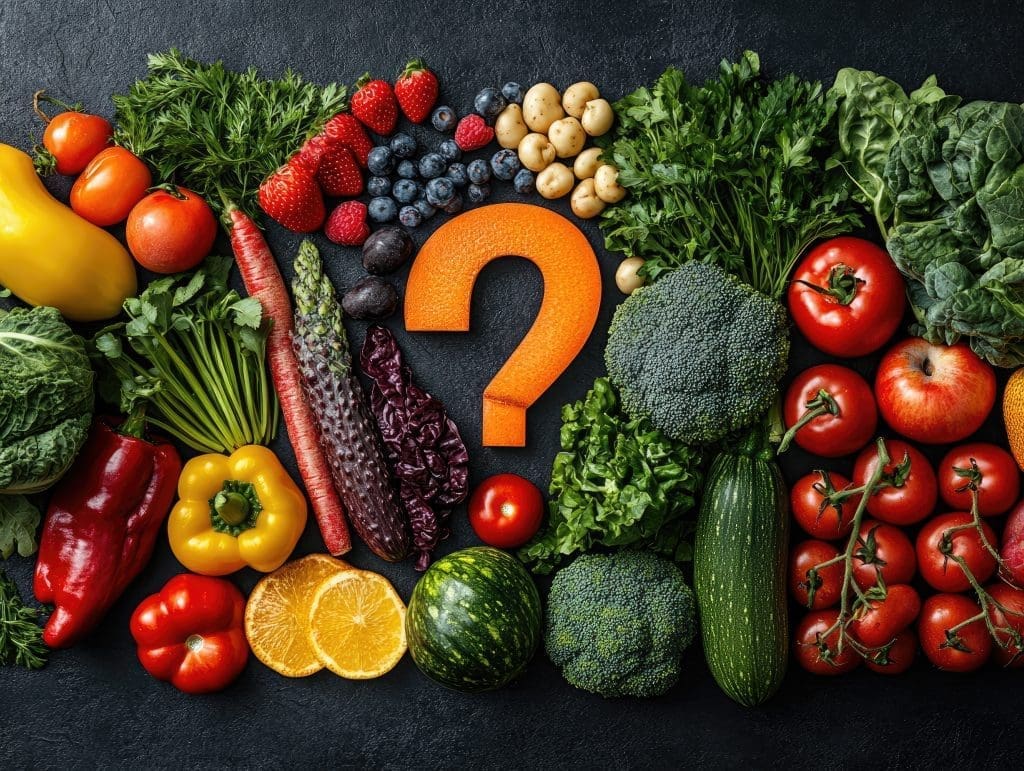 A question mark surrounded by an array of colorful vegetables and fruits.