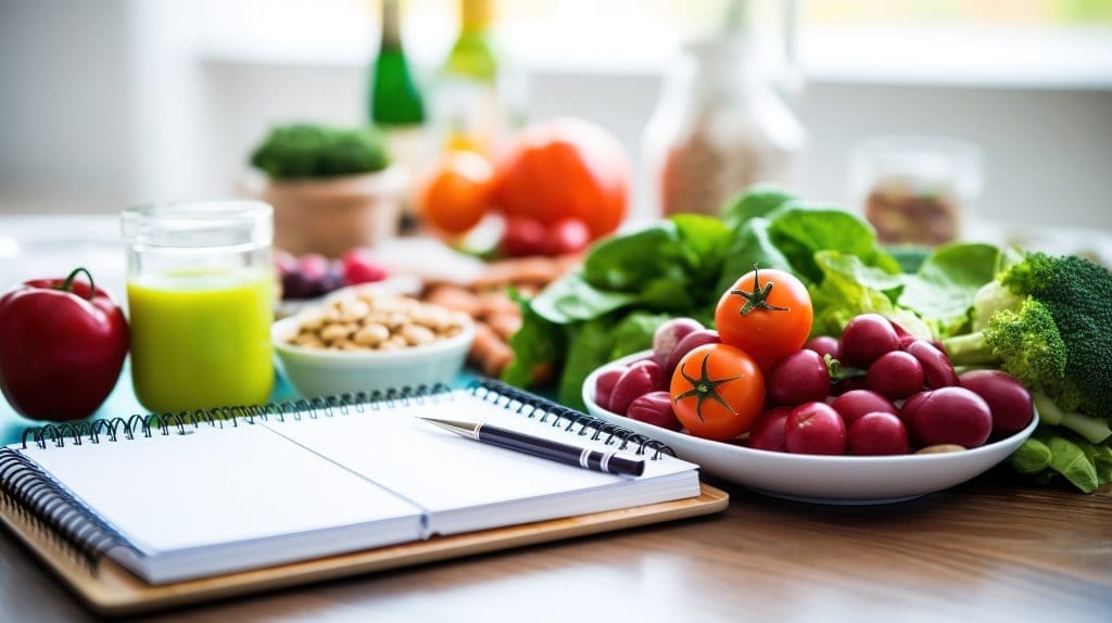 A notepad and pen on a table beside an array of fresh food.