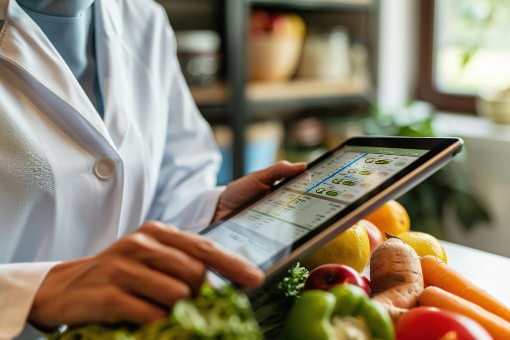 A doctor holding a tablet displaying a nutrition app.